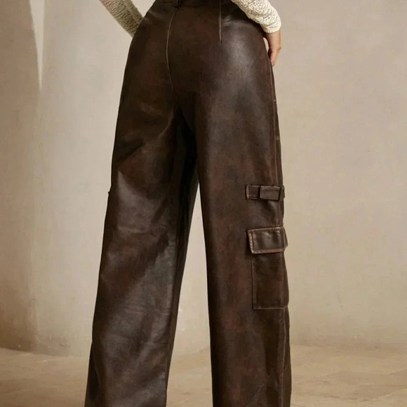 Coffee Brown Casual Women's Merlot Vintage Distressed Faux Cargo Pants - Picture 3 of 6